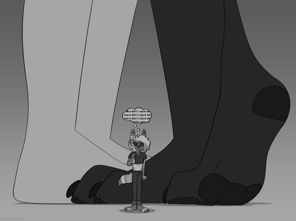 a micro phox stands, holding a drink and looking down embarassedly. behind him is two pairs of paws, each larger than he is, one with its sole exposed. a thought bubble sits above phox's head, reading "don't stare" over and over again