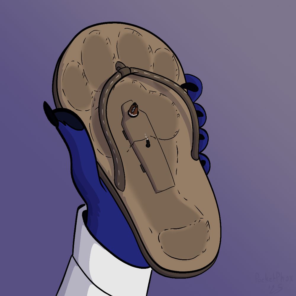 Sky's hand holding up a well-worn sandal, in the middle is a compartment (or sarpawphagus, if you will) that Phox is currently trapped in. The compartment has one hole which Phox's snout pokes through, and another further down that Phox's dick pokes through