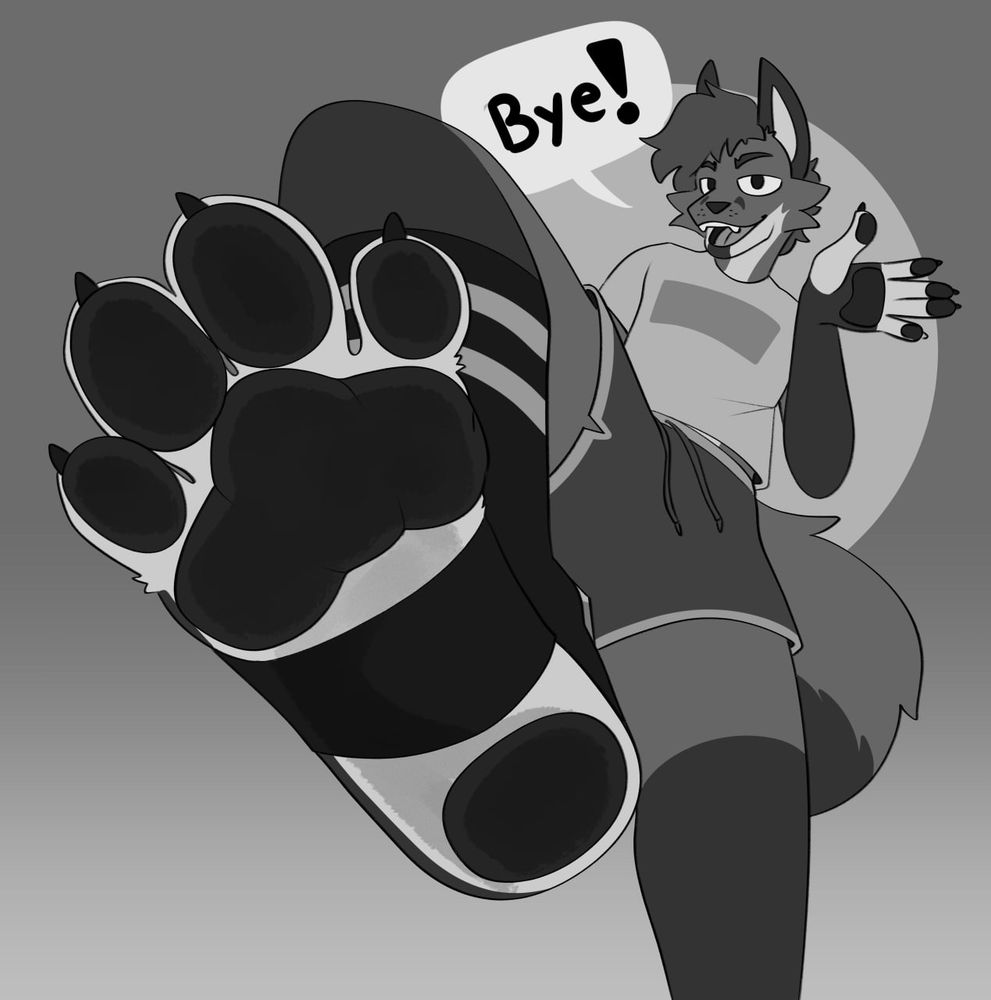Low pov of porter about the step on the viewer, waving smugly and saying "bye!"