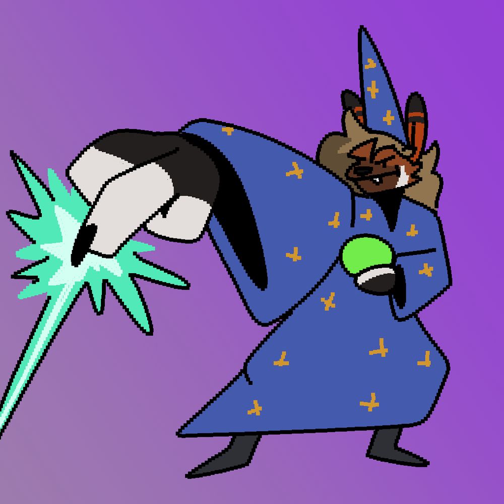 gooofy doodle of phox as a wizard casting a BIG spell