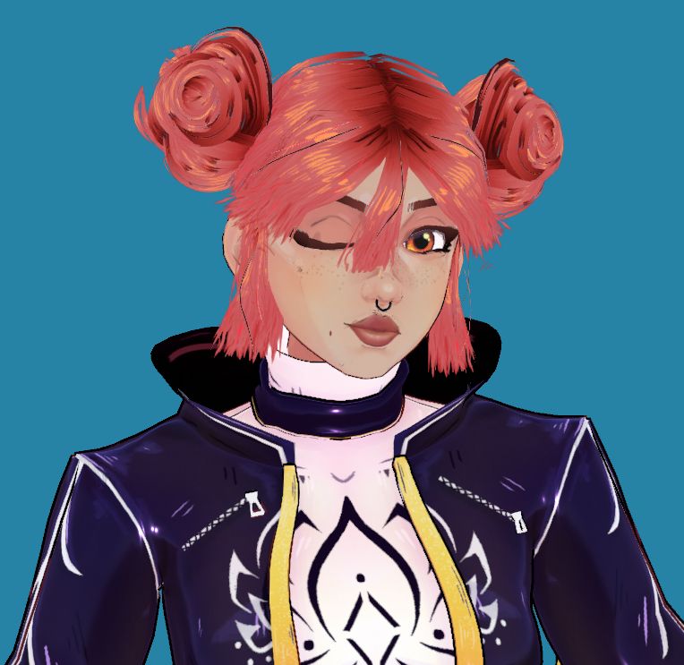 Red haired (Space buns and choppy bangs) winking vtuber girl in a similar style to marvel rivals. Nose ring, leather/shiney dark blue cropped jacket with lotas flower white details, white turtleneck under with similar black lotus flower details. Orange eyes with freckles
