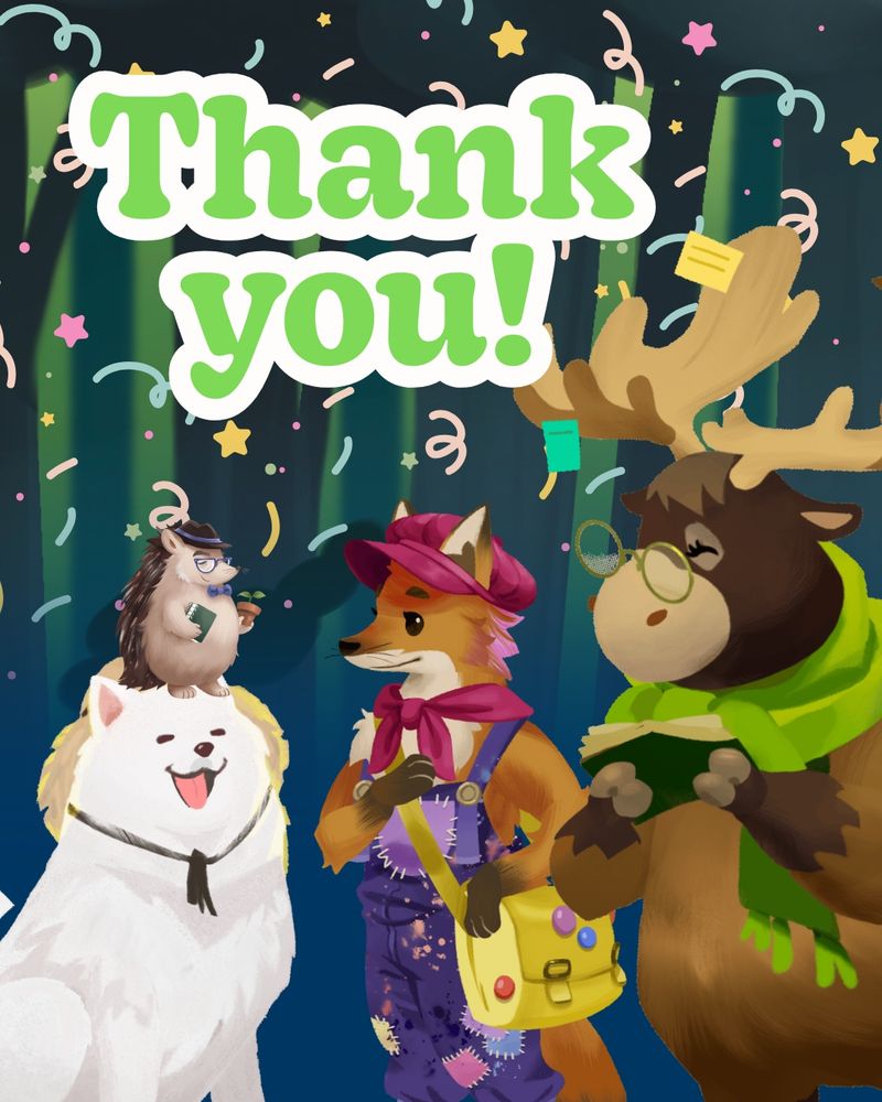 A celebration image saying Thank you, with the Kinder World animal characters looking happy and appreciative with a forest background.
