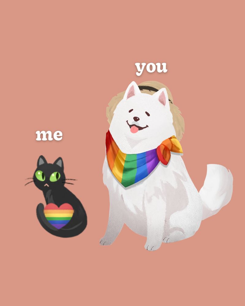 An orangy beige background features a small black dat with green eyes, holding a bride heart in the curve of its tail. Above the cat is white text that says “me” 
On the right side of the cat is a larger, white samoyed dog, wearing a straw hat and a price bandana, tied around the neck. 