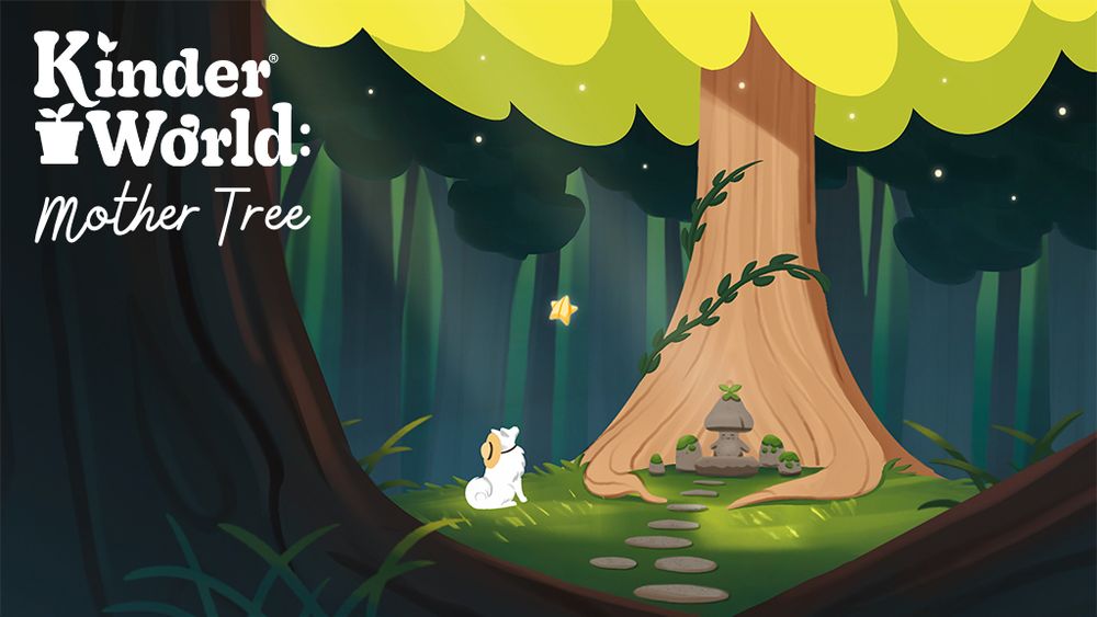 An image of a mysterious forest with a large, beautiful tree that seems touched by a hint of magic. Samy the Samoyed dog is gazing up at the tree, with a glowing star floating down towards them. A logo saying Kinder World: Mother Tree is in the top left hand corner of the image.