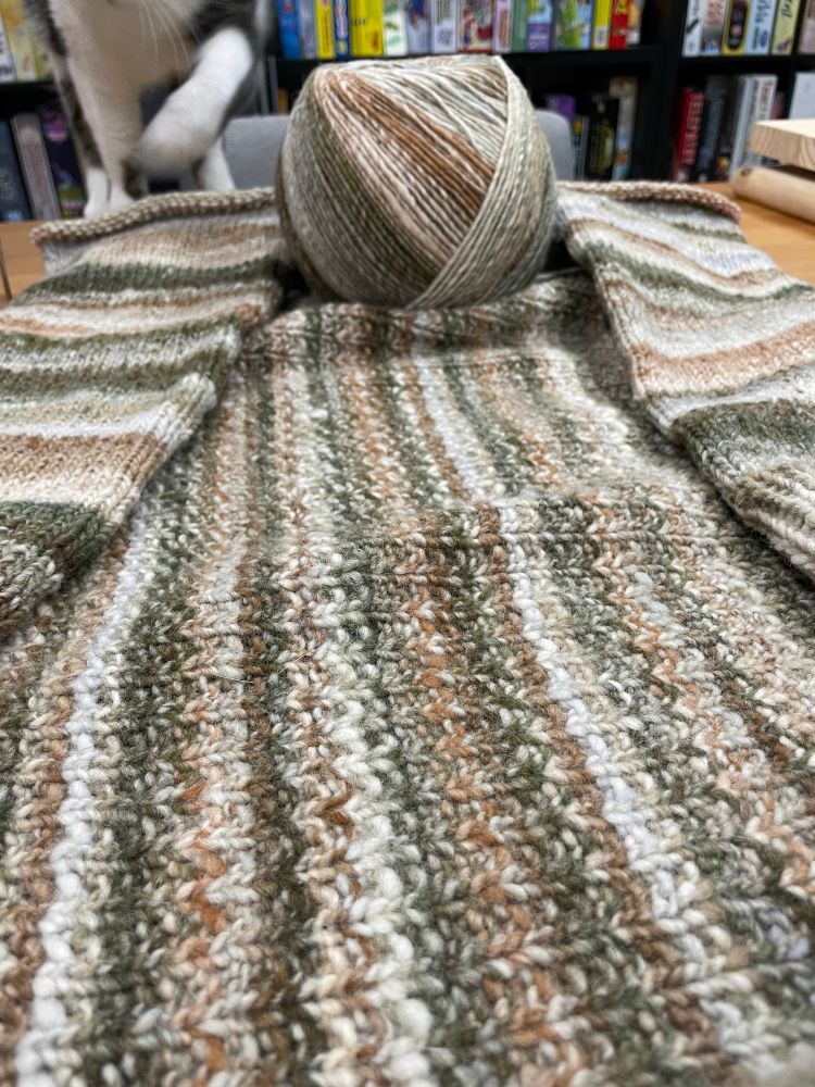 A dragon egg of yarn sits atop a knitted rectangle of fabric, framed by two detached sleeves. A blurry cat is in the background.