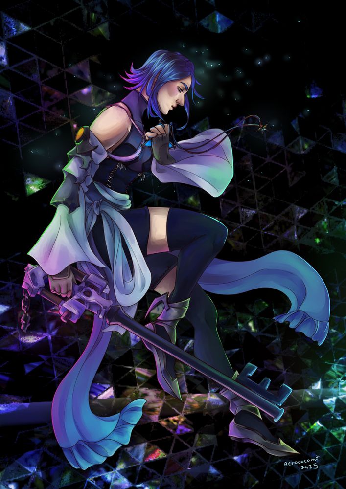 Aqua from Kingdom Hearts. She's floating against a background of fragmented crystals holding Master's Defender. There's a lot of bright rainbow colours reflecting off her blue and white clothes. 