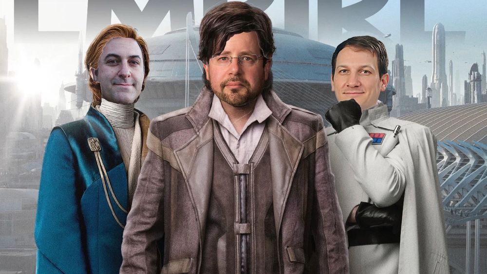 Picture from the show Andor with photoshopped faces of HOP hosts and guest