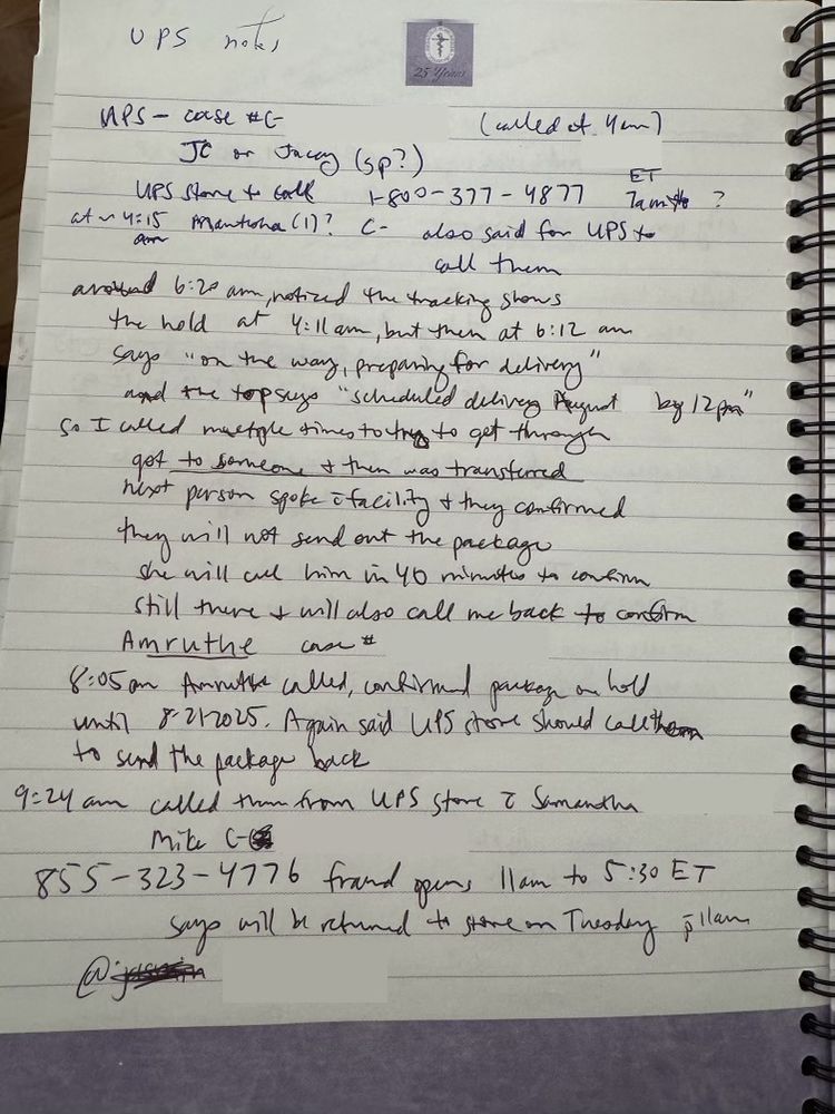 One page of meticulous notes taken during the ordeal