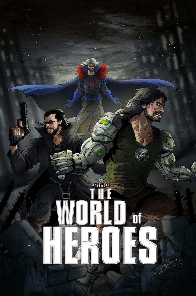 The World of Heroes (2025 Edition) Bookcover. Artwork by Mary Landro.

Spotlighting:
Left-to-Right: John Terror, Doctor Fortune, Bionic Rage.
