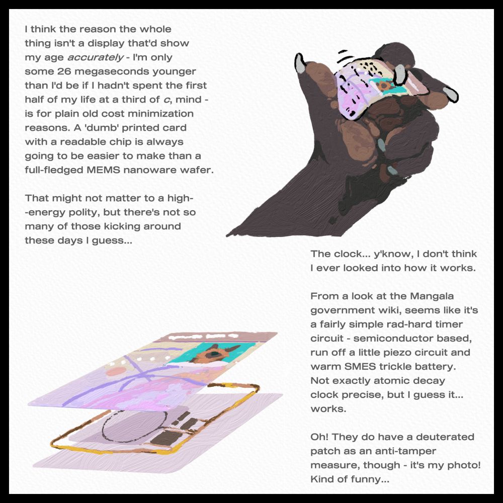 Top: The transhuman's hand, holding the ID card and flexing it slightly. Accompanying text reads "l think the reason the whole thing isn't a display that'd show my age *accurately* - I'm only some 26 Msec younger than I'd be if I hadn't spent the first half of my life at a third of c, mind - is for plain old cost minimization reasons. A 'dumb' printed card with a readable chip is always going to be easier to make than a MEMS nanoware wafer. Which might not matter to a high-energy polity, but there's not many of those kicking around these days..." 

Bottom: A cutaway of the ID card. Accompanying text reads "The clock... y'know I don't think I ever looked into how it works. From a look at the MangalaGov Wiki, seems like it's a fairly simple rad-hard semiconductor timer, run off a little piezo circuit backed up by a warm SMES trickle battery. Not exactly atomic decay clock precise, but I guess it... works. Oh! They do have a deuterated patch as an anti-tamper measure though - It's my photo! Kind of funny..."
