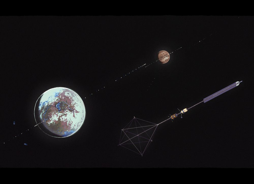 In the foreground is a magnetic sail spacecraft - on one end the polygonal coils of the sail generation machinery, on the other a small nuclear fission plant and its attendant heat-rejection radiators, and in the middle a habitat and tankage for maneuvering propellant. In the background are two planets, orbiting one another much like Pluto and Charon do in the Solar System. Largest in our field of view is a world somewhat like Mars' big sister, with seas and lakes and a partially-oxygenated atmosphere through extensive terraforming efforts. Behind it is a world more like the Mars we know, although it's been partially terraformed - deep glassy canals have been excavated by orbital lens, with significant habitation on their floors. Both worlds have bands of solar power satellites, factories, habitats, and depots in orbit around them, and in the far distance an asteroidal moon roughly Cybele-sized can be just about resolved as a speck flanked on both sides by habitats and infrastructure.