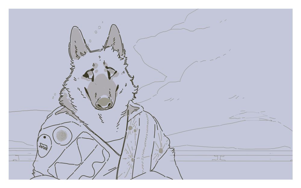 evening scene of a pensive canid-esque transhuman wearing an elaborate jacket-poncho standing on a balcony in an overcast valley on a large marslike planet.