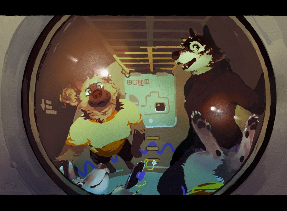 Inside an observation room on board the magsail clipper - a little cabin with a round window of bulk diamondoid - three canine-like transhumans look out at Mangala and Kahira while floating in microgravity.
