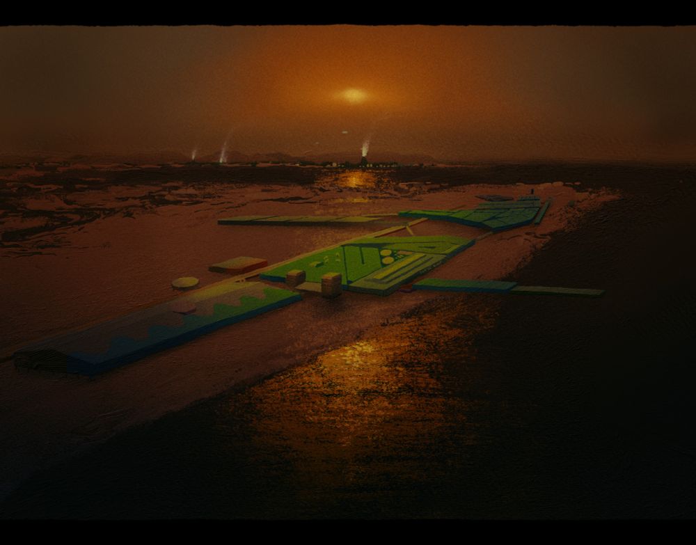 We see here a view from a dirigible cargo robot, taken in the far northern regions of Titan, Saturn's largest moon. In the foreground, a peninsula of ice-and-tar 'wetland' terrain stretches off into the distance. On it, a settlement made up of habitat modules of varying sizes - from longhouse-like parks to long twisting arcades, all raised on stilts like the old research bases of Antarctica (most of these stilts are obscured under the bulk of their structure, from this angle), curves off along the more orderly lake-facing shoreline. Looking further afield, past the jumble of braided rivers that makes up the inland side of the peninsula, we see a far shore occupied by a sprawling industrial city - pale plumes of steam rise from the cooling towers of nuclear fusion reactors, chemical plants, and water refineries. The sun, smeared into an orange blur by storied layers of photochemical haze - drifts of complex organics formed from unfiltered sunlight smashing into methane molecules at the top of the Titanian atmosphere - sits low on the horizon at this time of the Saturnian year, casting a ruddy glow comparable in brightness to a bedside lamp.