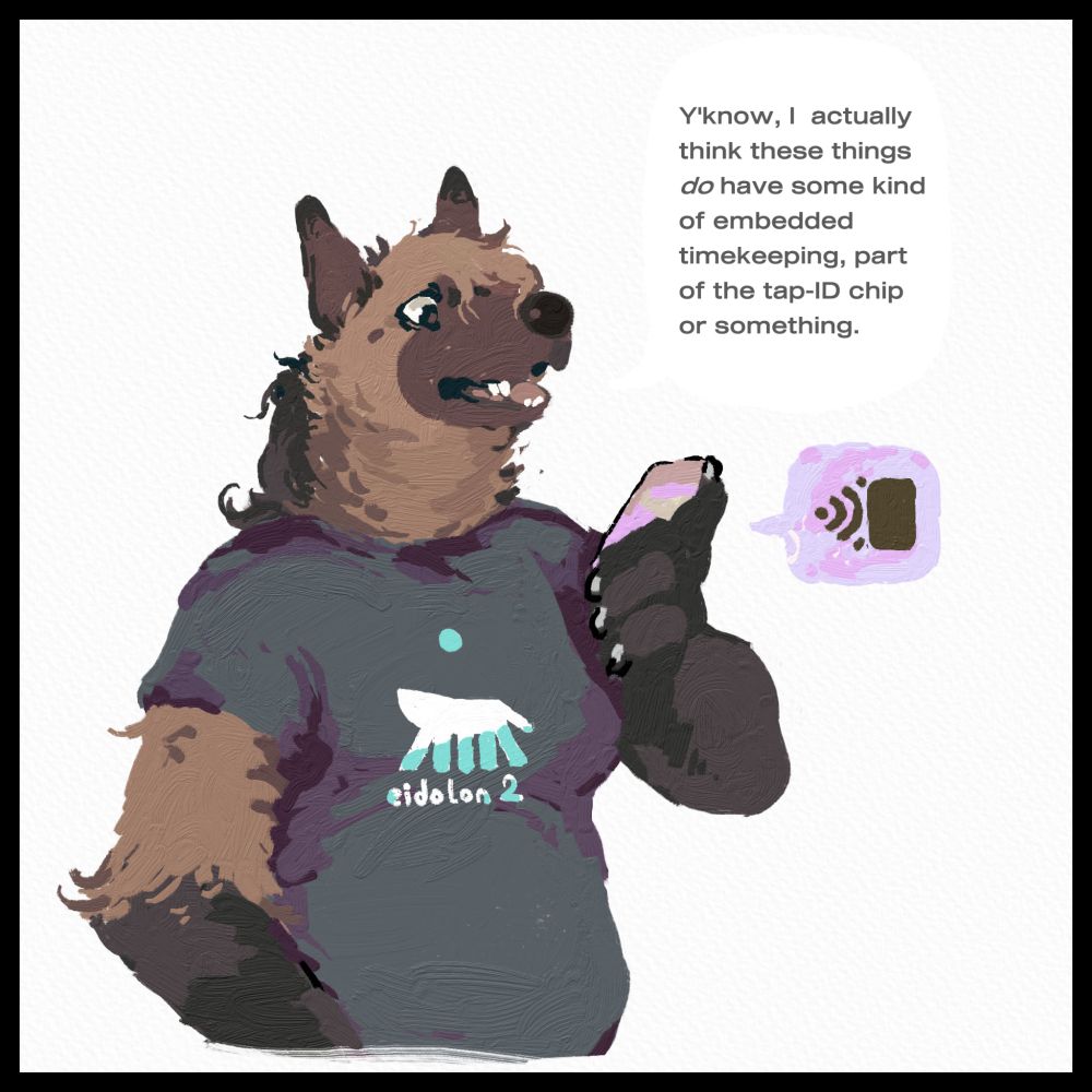 A dog-like transhuman woman holds an ID card in one hand. Looking at it, she says "y'know, I actually think these things *do* have some kind of embedded timekeeping, part of the tap ID chip or something"