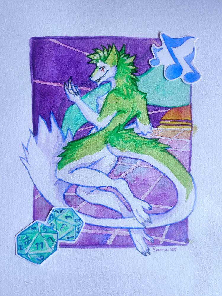 Watercolor painting of a sergal dancing in a synthwave-aesthetic environment. Extra details added in the form of DnD dice and musical notes 