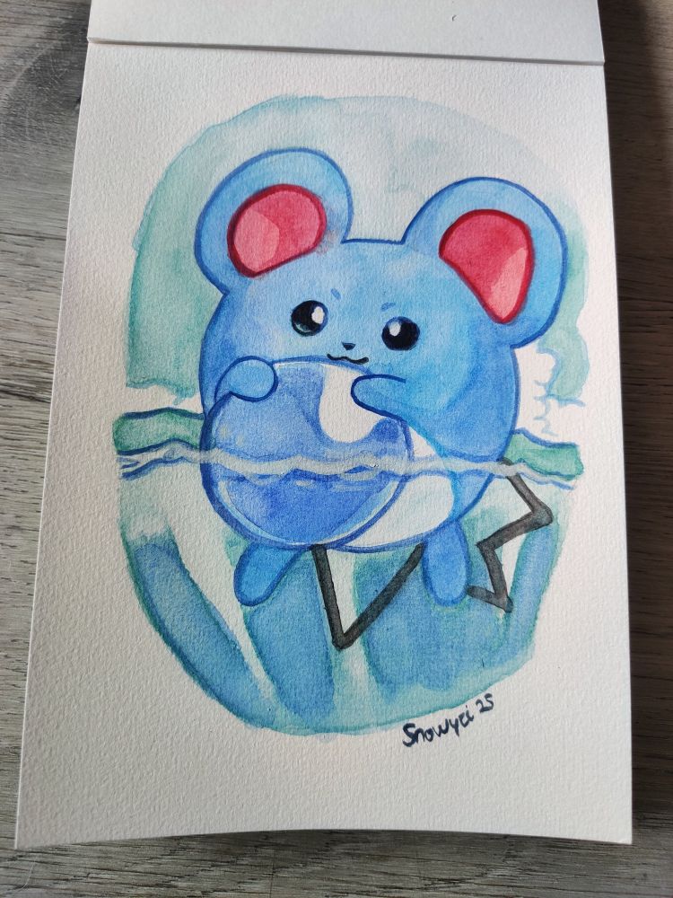 Watercolor painting of Marill floating on top of water using its tail