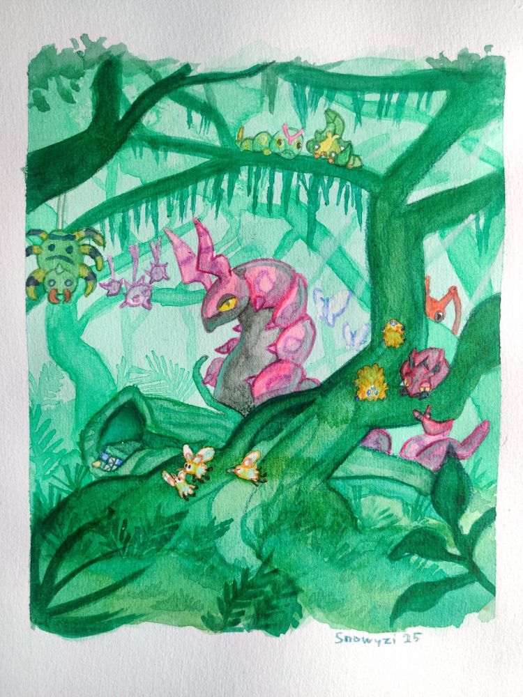 Watercolor painting of an overgrown, lush forest. In the forest there are various bug pokemon: scolipede, venipede, spinarak, caterpie, cascoon, cutiefly, joltik, kricketune, butterfree, sewaddle and charjabug.