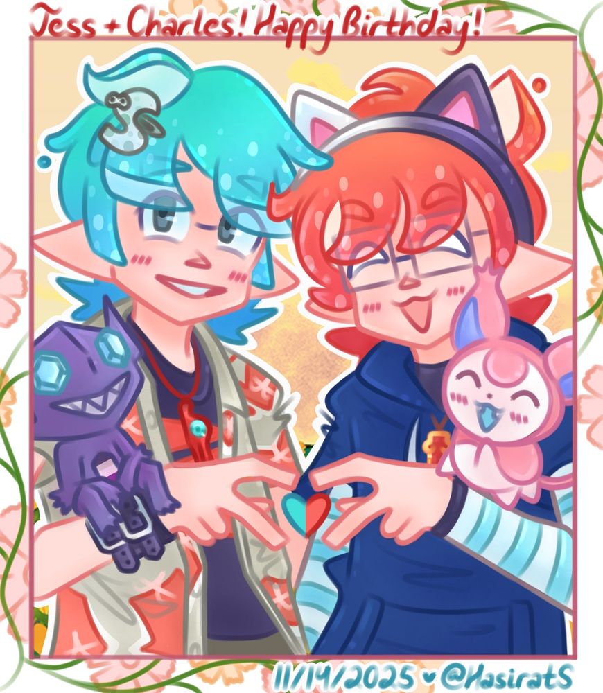 Half body rendered illustration of two inklings. One of them has cyan ink and is wearing a squid hairclip and hula pink shirt. A sableye with their gemstone coloured with the ace flag’s colours is perched on his arm. The other has red-orange ink and is wearing the judicial hearing and a customized version of the shirt with blue hoodie (longer sleeves). A skitty with a trans flag colour scheme is perched on his arm. Both of their hairstyles are variations of the bowl-cut, making heart hands, and wearing variations of necklaces inspired by xenoblade chronicles. The background is a yellow sky, and the drawing is framed like a photograph, with flowers and leaves drawn in the frame. Happy (late and early) birthday, Jess and Charles!