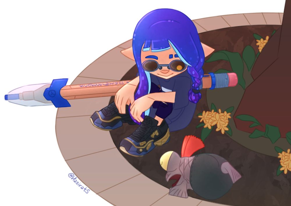 Coloured sketch of an inkling with the megalobraid hairstyle wearing the sv925 circle shades, navy z+f tee, and blue shrimpsiders, sitting under a tree with her little buddy. Her ink is navy blue and a snipewriter 5h is on the ground behind her. There are small leaves and bunches of yellow flowers under the tree. The smallfry is sleeping and the inkling is looking at her lovingly (probably… you can’t see her eyes)