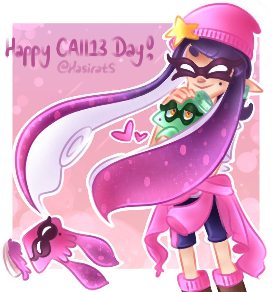[2022] Drawing of Callie in her outfit as Agent 1, minus the sunglasses, holding Marie in squid form in her arms with a happy expression. Callie’s wearing a pink beanie with a yellow star on it, a white shirt with a pink sweater tied to her waist, and pink socks underneath brown shoes (which are cut off in the drawing). Callie in squid form is off in the corner, jumping for joy with such enthusiasm that her headpiece fell off. Happy Callie Day! <3