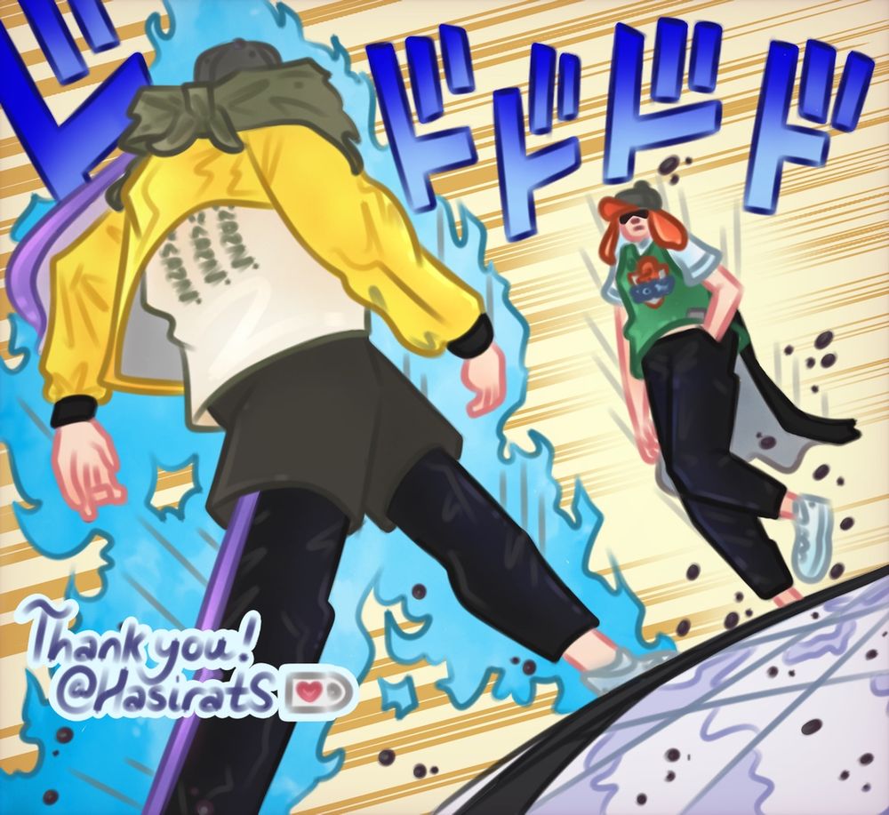 Commissioned artwork for a redraw of the “oh, you’re approaching me?” meme from jojo’s bizzare adventure. An inkling with purple ink and wearing a cap, white shoes and dio’s yellow jacket is approaching another inkling with orange ink and wearing a cap, white shoes and jojo’s cape. So very ominous. So very harrowing. Can you tell I don’t know much about jojo. Thank you for commissioning me!