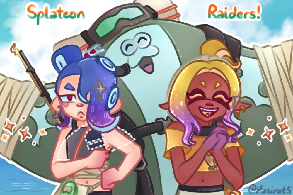 Half body illustration of deep cut in their splatoon raiders outfits. Shiver looks very upset, with a hand on her hip and another holding an imaginary fan, which she likely lost in the helicopter crash. Frye has her hands clasped and looks happy, despite everything. Big man is behind the two, making a joyful expression and outstretching his fins. The background is of a blue sky and ocean