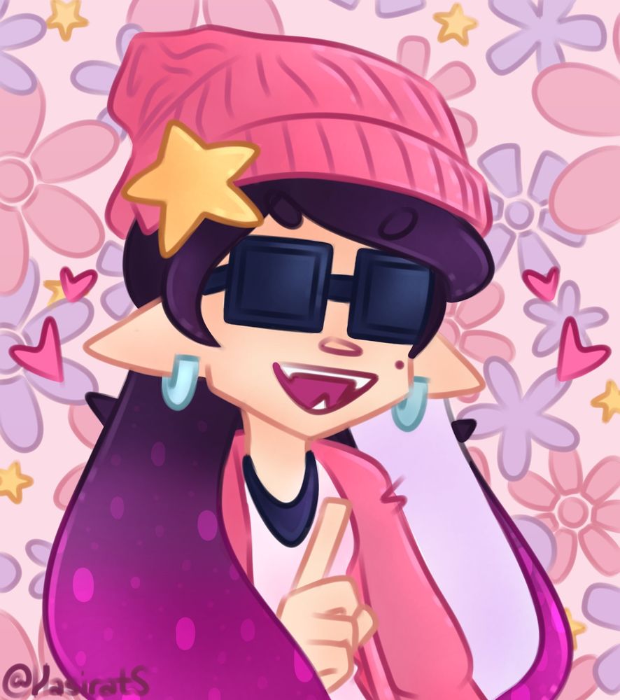 A portrait drawing of callie in her outfit as agent 1. She’s wearing a pink beanie with a yellow star pin, a pink hoodie with a white shirt underneath, and dark sunglasses to conceal her eyes. She looks determined and is making a pointing gesture with her hand, with 1 finger raised. There are flowers and stars in the background