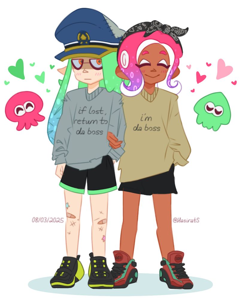 Coloured sketch of captain 3 and agent 8 from splatoon standing next to each other, with agent 8 holding captain 3’s arm with one hand. 3 has their legendary cap and hero runners, and 8 has their black fishfry bandana and red power stripes. 3 is wearing a sweater that says: “if lost, return to da boss”. 8 is wearing a sweater that says: “i’m da boss”. Happy 83 day!