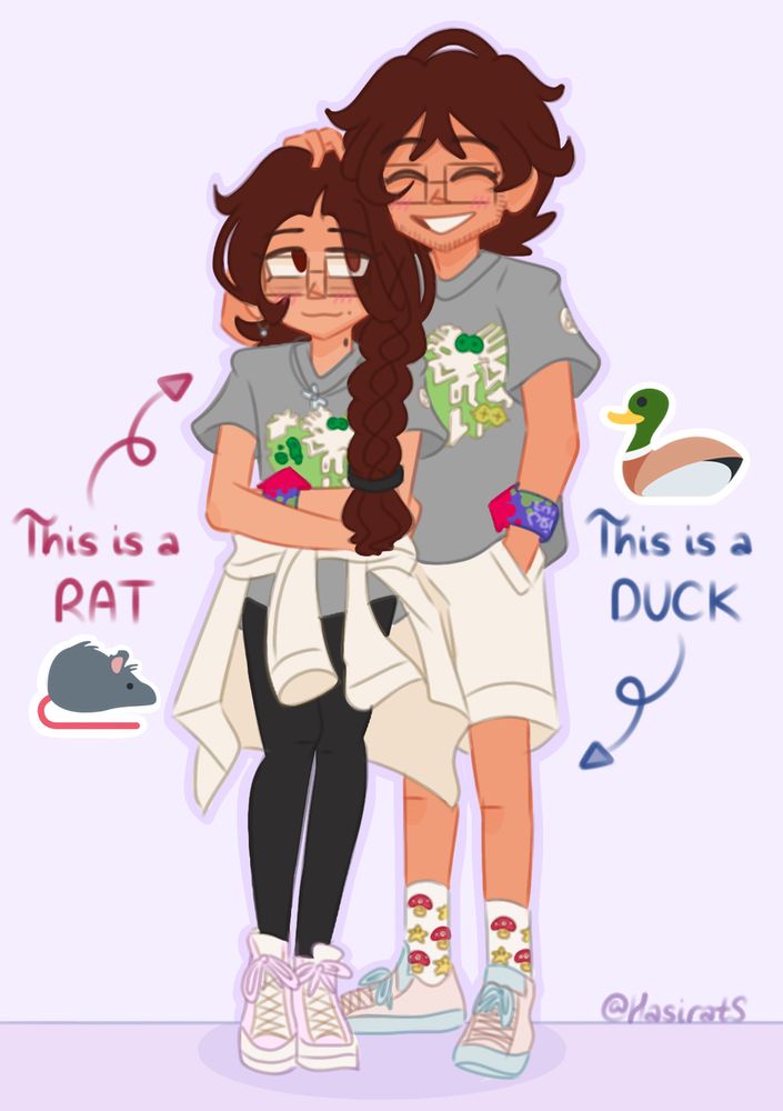 Coloured full body sketch of my partner and I together, wearing team future shirts and matching grand festival wristbands. He has these kickass super mushroom and super star socks and I have a sweater tied to my waist because I still think it’s 2003. “This is a RAT” and an arrow is pointing to me, and “this is a DUCK” and an arrow is pointing to him; both are accompanied by a rat and duck emoji, respectively.

We won’t be there for very long but please do say hi if you see us! I am sick and tired of hearing people in the GTA saying they saw us in public and didn’t say hi! We are so nice and cool and I assure you I don’t bite :3