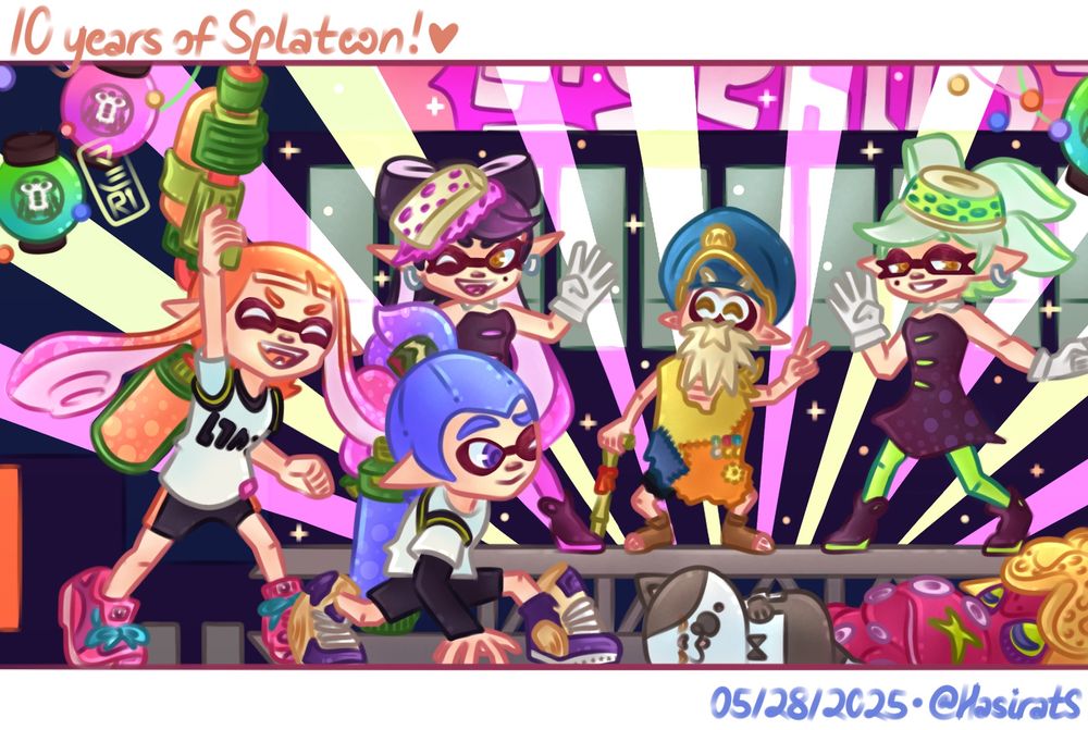 Illustration of the Squid Sisters posing and performing with Cap’n Cuttlefish on a makeshift stage. Reminiscent of a Super Smash Bros Ultimate promo screenshot, with the Squid Sisters assist trophy thrown out on Moray Towers.

The orange promo inkling from Splatoon 1 is doing a “this way!” motion with her Splattershot raised in the air. The blue promo inkling from Splatoon 1 is leaning on the ground, looking at a sleeping Judd and DJ Octavio. Callie and Marie are holding up 4 fingers, and Cuttlefish is holding 2, to equal 10. “10 years of Splatoon” is written on a white border alongside the drawing, making it look like a photograph. I feel so old. This game came out when I was 11. Happy anniversary, Splatoon! 🥲