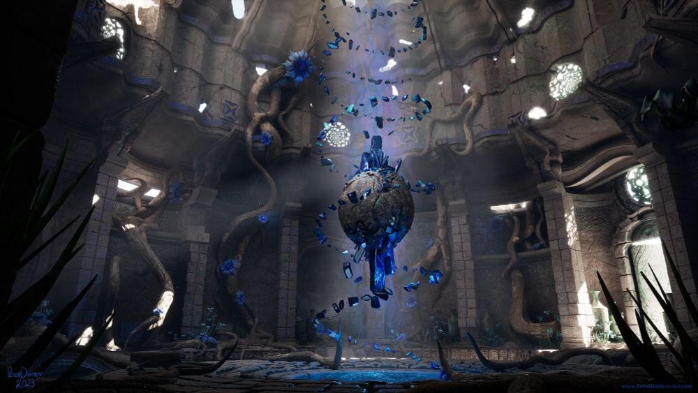 UE5 screenshot showcasing a floating rock orb. It has blue shards attached to it. It floats in the middle of a ruined interior. Daylight spills from the outside. There is blue glow and a spiral of shards. Roots have overtaken the interior and from those, there are blue flowers blossoming.