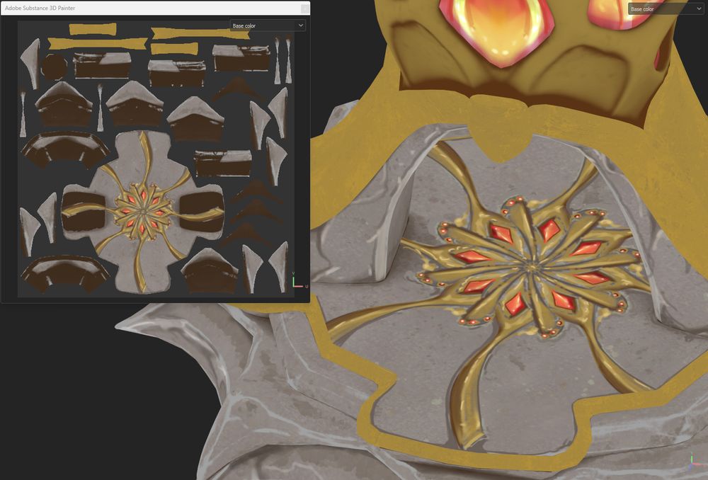 Similar angle to before (a Substance Painter screenshot). This time around, the star, its gold and its red gems are hand painter further. They have highlights and deep shadows.