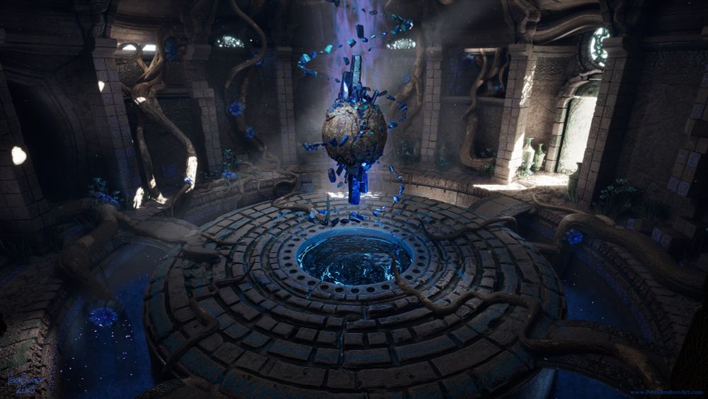 A screenshot of a dark, ruined interior. There is a door on the right that is a jar, spilling daylight inside. In the very middle of the interior, there is a vortex. Above it floats an orb. It's made out of stone and at its polar sides, there are lots of blue gems attached. They shimmer in the dark. Around the room, there are lots of roots that have blue flowers attached to them.