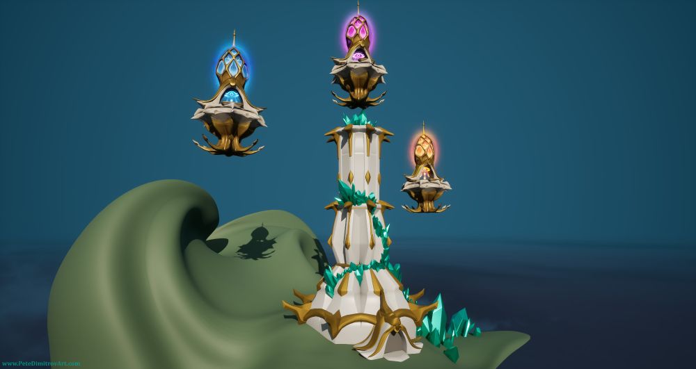 A screenshot of a work in progress, stylized tower. It's made out of placeholder white and gold materials. It has three floating spires that have started to get textured. One is orange, the middle purple and the other blue. Each represent the Mage specialisations in World of Warcraft (the main inspiration behind this art). There are also green crystals scattered about. The tower sits on a curved landscape with a placeholder green material. The background around are light and dark blues.