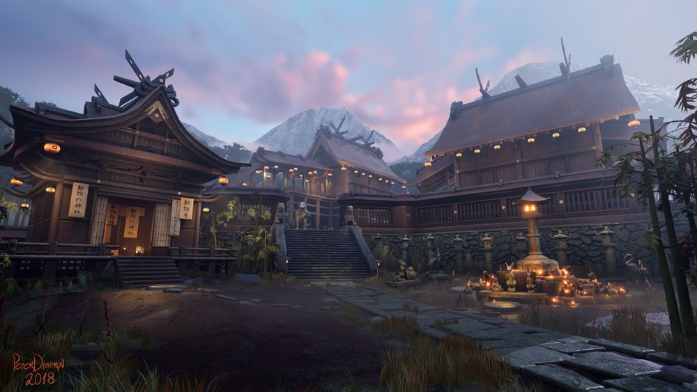 A moody screenshot of a Japanese style shrine. There are lots of wooden structures. They are made out of warm, dark, colored wood. On the right, there is a shrine and tons of orange lights are scattered around it. Those are lit bamboo candles. There are lots of stone statues depicting different animals like frogs, rabbits and cranes.