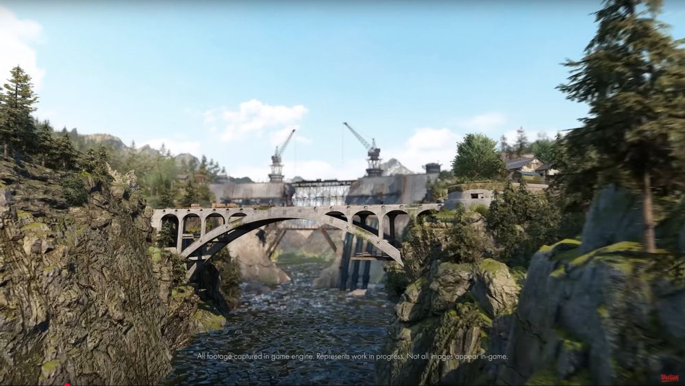 Another screenshot from Sniper Elite: Resistance. This one shows the same ruined dam as seen before, but a bit more from a far. Side cliffs and lots of greenery as seen, as well as water in the middle of the shot.