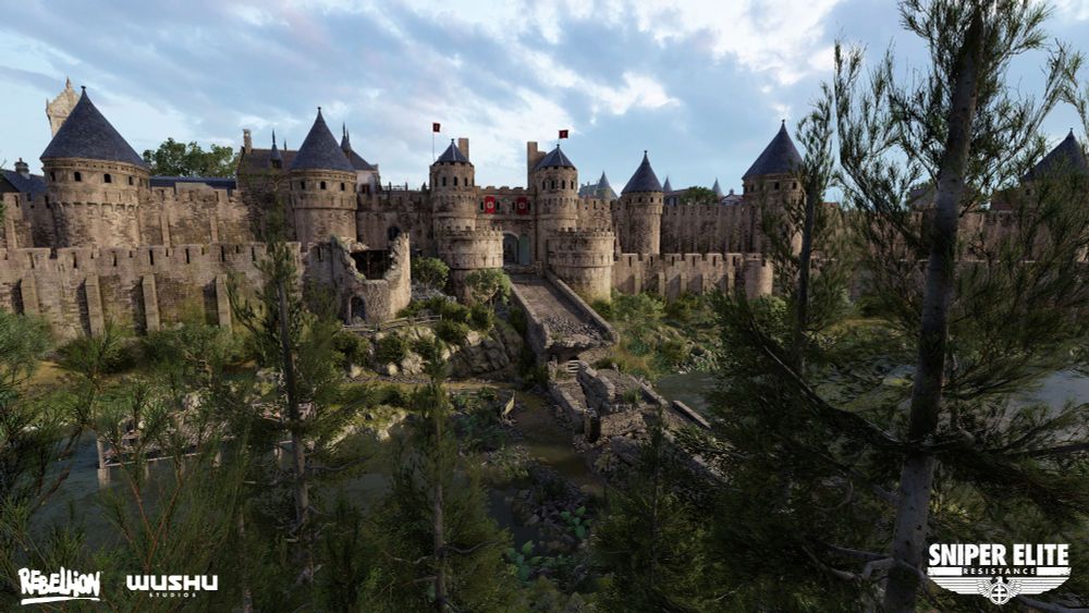 A screenshot from the game Sniper Elite: Resistance. It showcases a fortress with lots of green, lush, vegetation around it. There is a stone bridge that leads to the castle. It's broken and full of rubble.