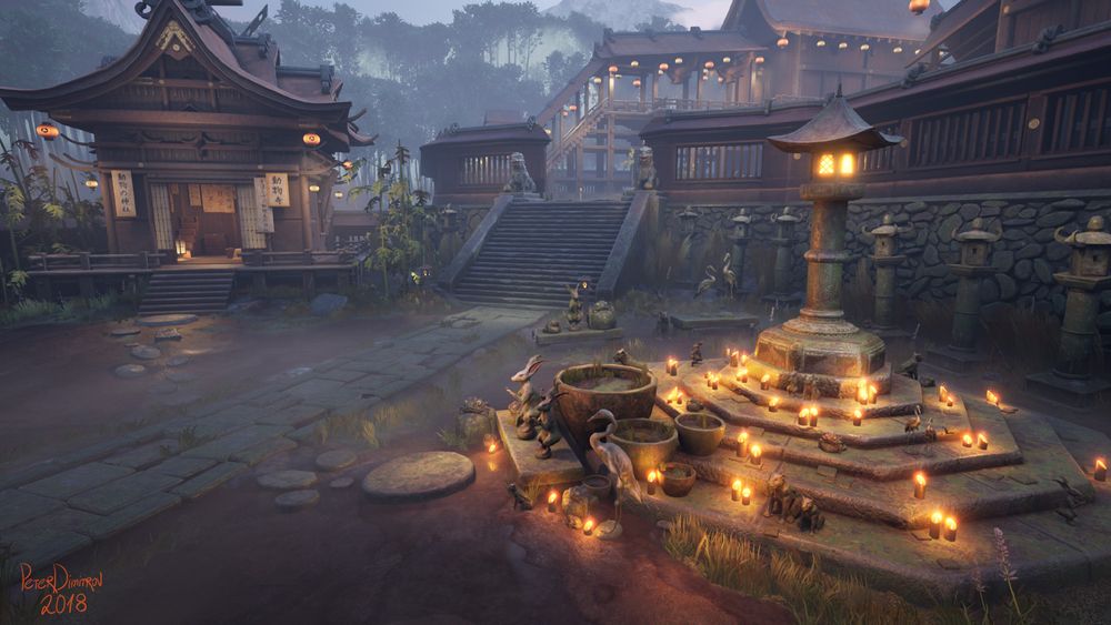 A screenshot from an UE4 scene. It showcases a Japanese shrine. There are lots of bamboo lights on the right. They give lots of orange and warm shades to the picture. In the distance, there is a forest that has been obstructed by fog and by the wooden structures closer to the camera. There are lots of animal statues around the shrine. Rabits, frogs and cranes.