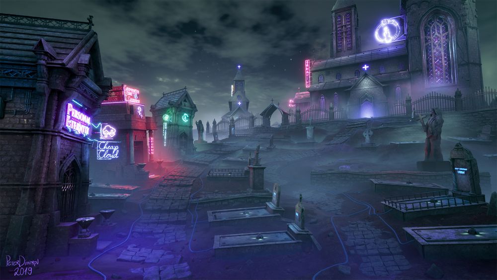 An UE4 screenshot of a cyber noir graveyard. There is a cathedral in the distance and smaller mausoleums closer to us. On all of those structures, neon lights are attached. They read "Personal Eternity", "Back up your Consciousness" and more. The neons spill electric colors onto the headstones around the graveyard.