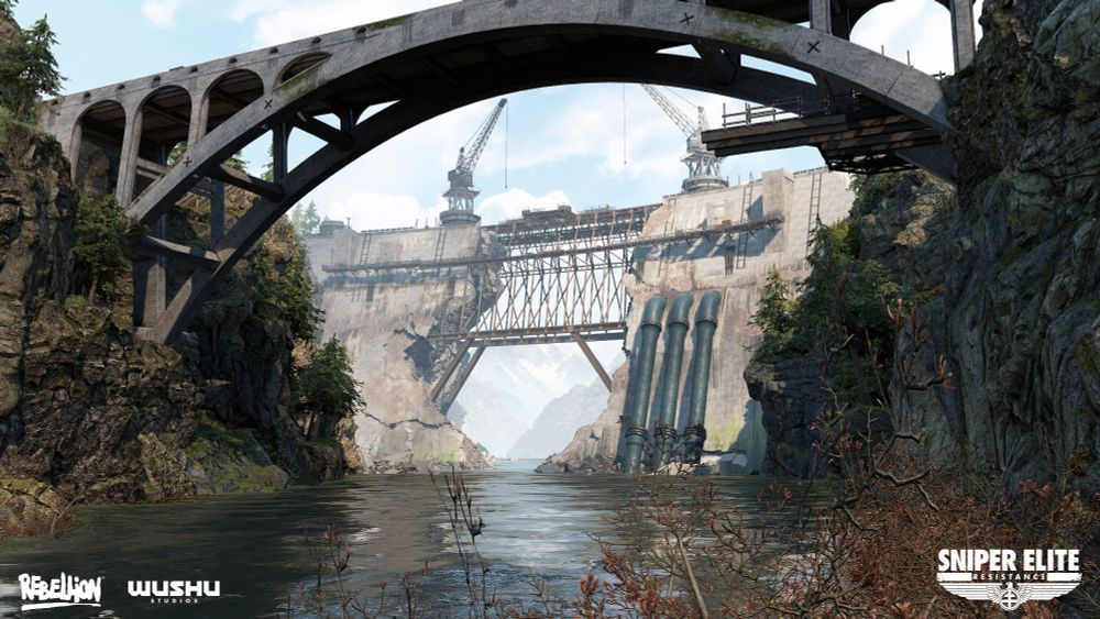 A screenshot from the game Sniper Elite: Resistance. It showcases a long, near the water camera angle. It looks up to a dam that has been bombed and broken.
Reconstruction and renovation work on top has started.