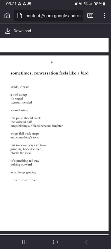 sometimes, conversation feels like a bird

inside, in wait

a bird asleep
rib-caged
sternum-nestled

a word astray

this pulse should crack
the voice in half
lungs hissing air bleed nervous laughter

wings flail beak snaps
and something’s torn

but smile—always smile—
grinning, bone-toothed,
blocks the view

of something red-raw
pulsing outward

avian lungs gasping
for air for air for air