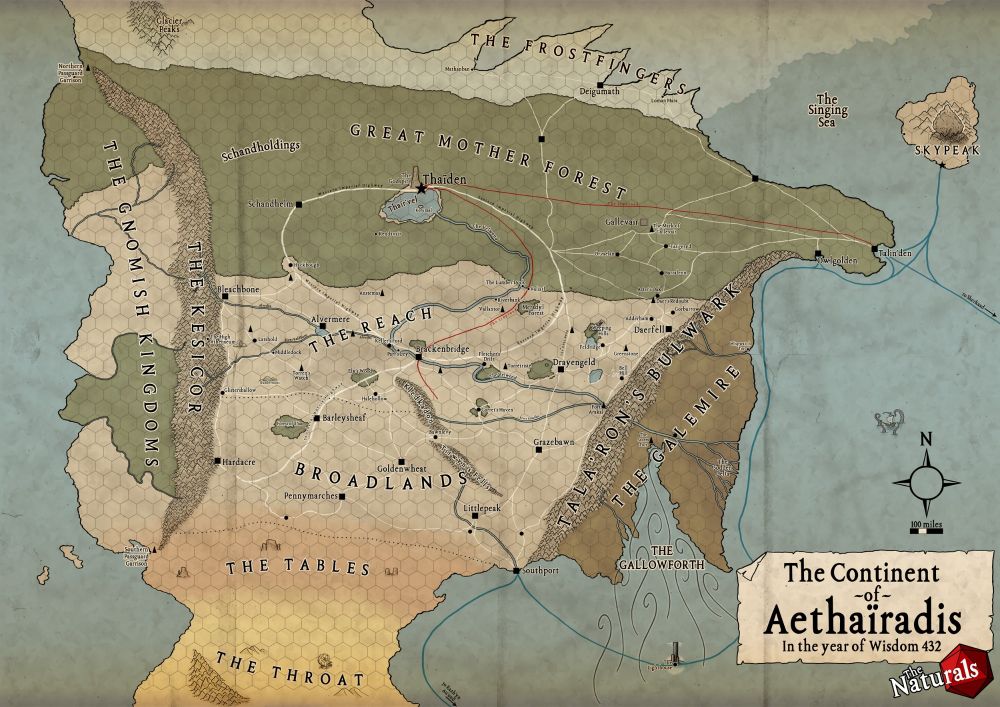A map showing the fictional continent of Aethaïradis in the year of Wisdom 432.