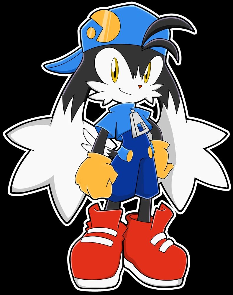 Official artwork of the video game character Klonoa, who is a weird...skunk thing maybe. He has red shoes, a backward blue hat with a pacman pin, yellow gloves.