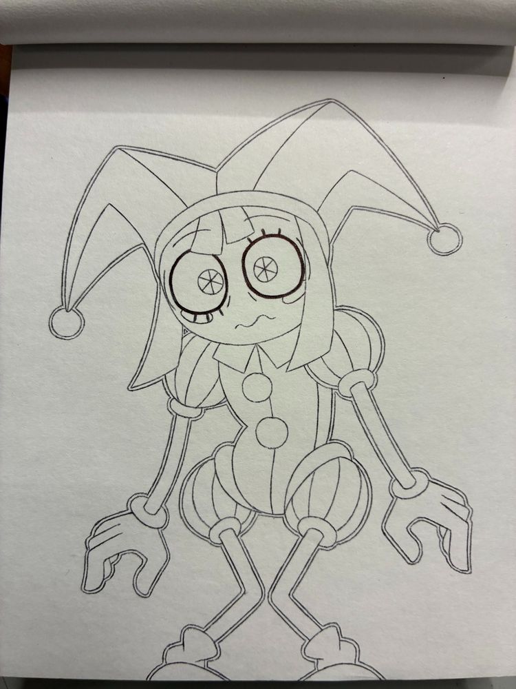 A traditional drawing of the character Pomni from the animated show The Amazing Digital Circus