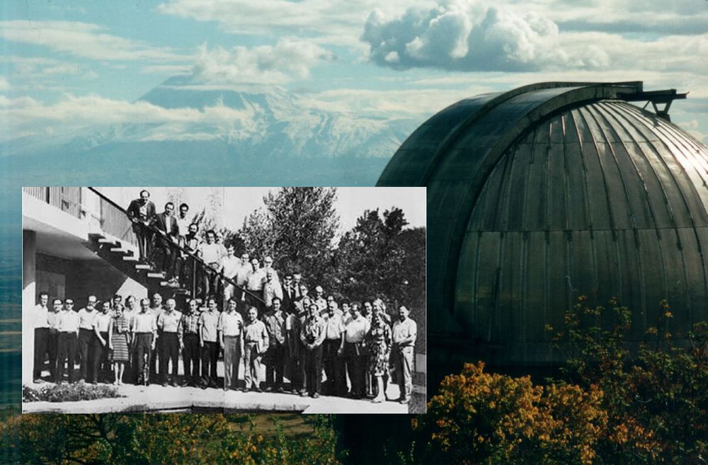 black and white conference photo from the 1971 meting at Byurakan on Communication with Extraterrestrial Intelligence (CETI) "The First International Conference on Extraterrestrial Civilizations and Problems of Contact with Them".
Background photo of the dome of the Byurakan Astrophysical Observatory (BAO) in Armenia and surrounding gorse and sky.