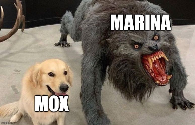 A cute dog next to a snarling beast. The name MOX is over the dog, the name MARINA is over the beast
