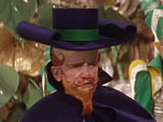 A man with a red beard and waxed mustache wearing a large purple hat with a green band. 