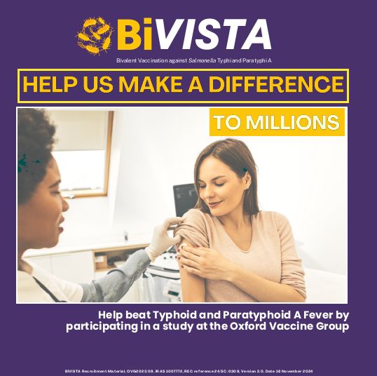 Nurse and woman using a gauze in her upper arm. Help us make a difference to millions. Help beat Typhoid and Paratyphoid A Fever by participating in a study at the Oxford Vaccine Group