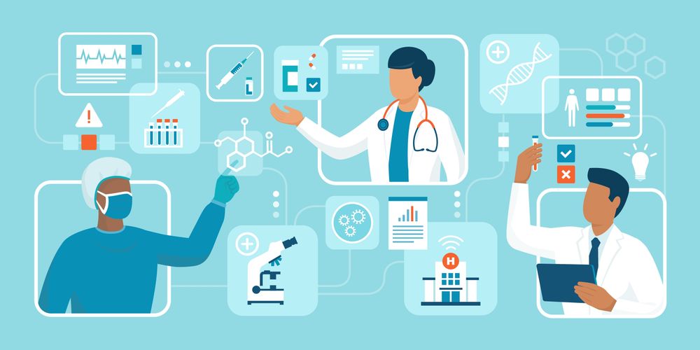Illustration of medical scientists and clinicians, alongside medical equipment and concepts